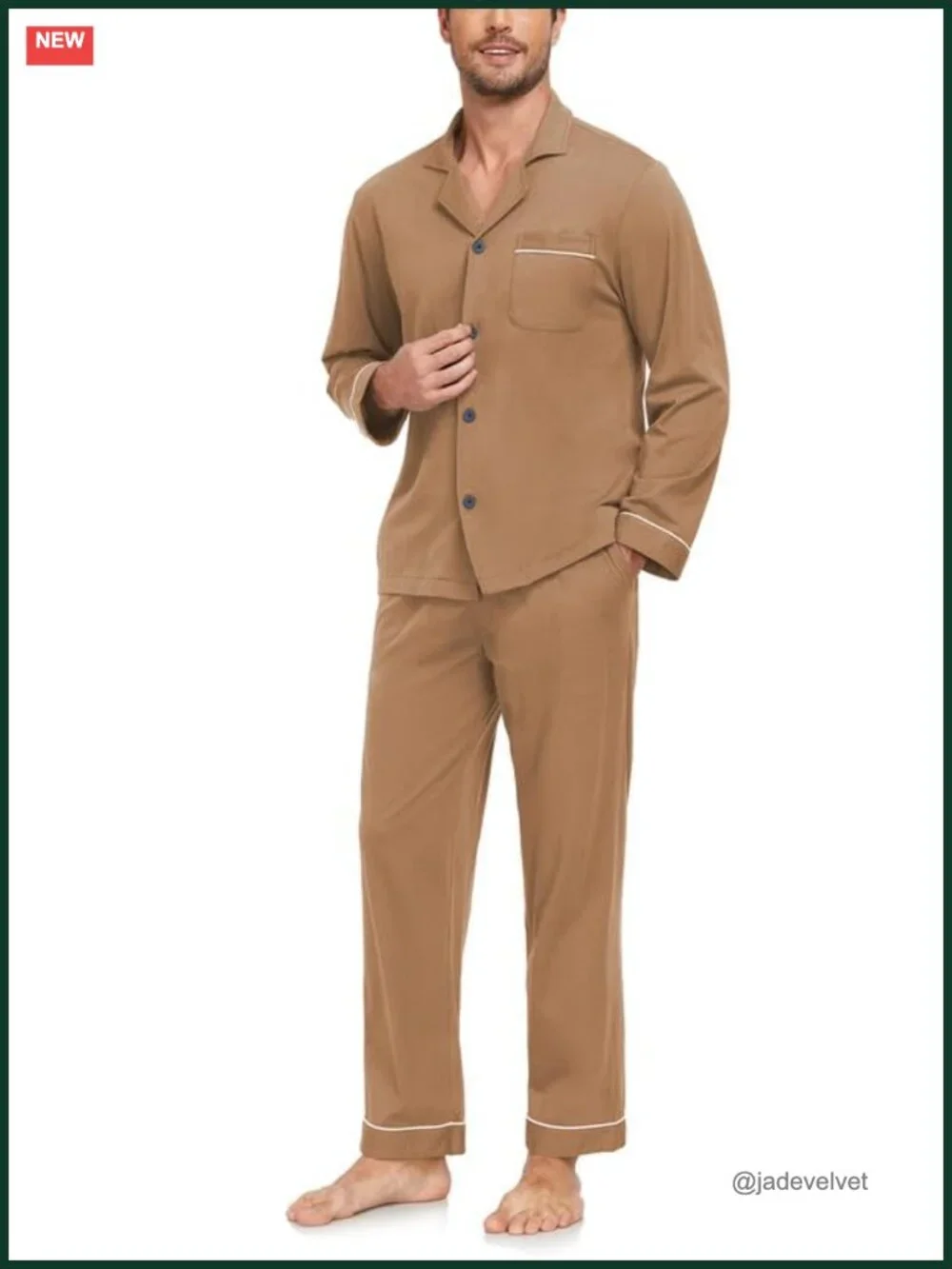 Cotton Men's Pajama Set Long Sleeve Button Down Top & Pants Pockets Loungewear